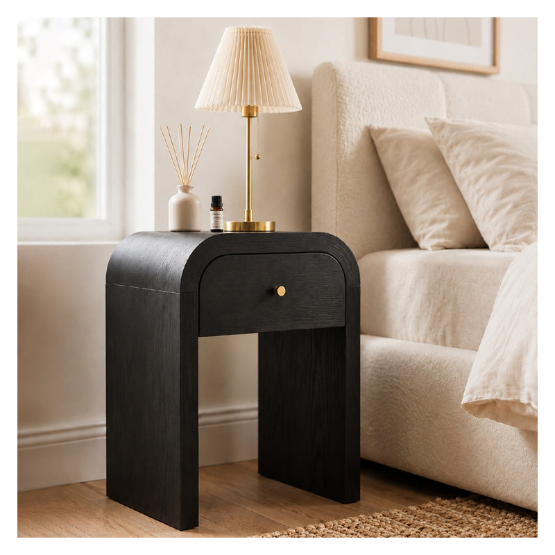 Table de chevet incurvée en MDF noir avec placage en frêne, table d'appoint à 1 tiroir pour chambre ou salon