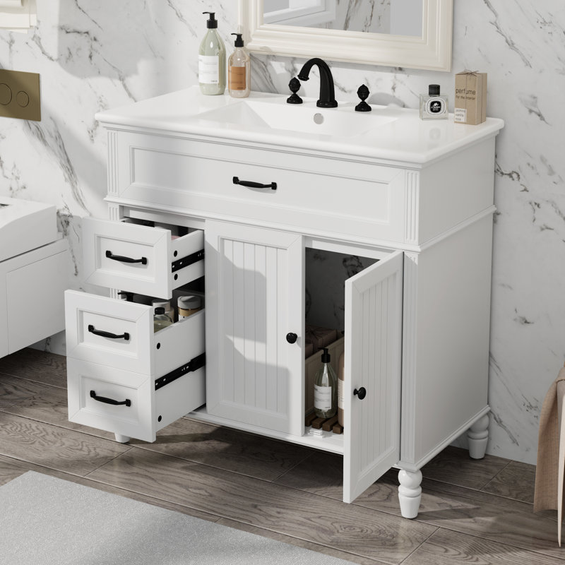 36" Single Bathroom Vanity With Ceramic Top, White, Black