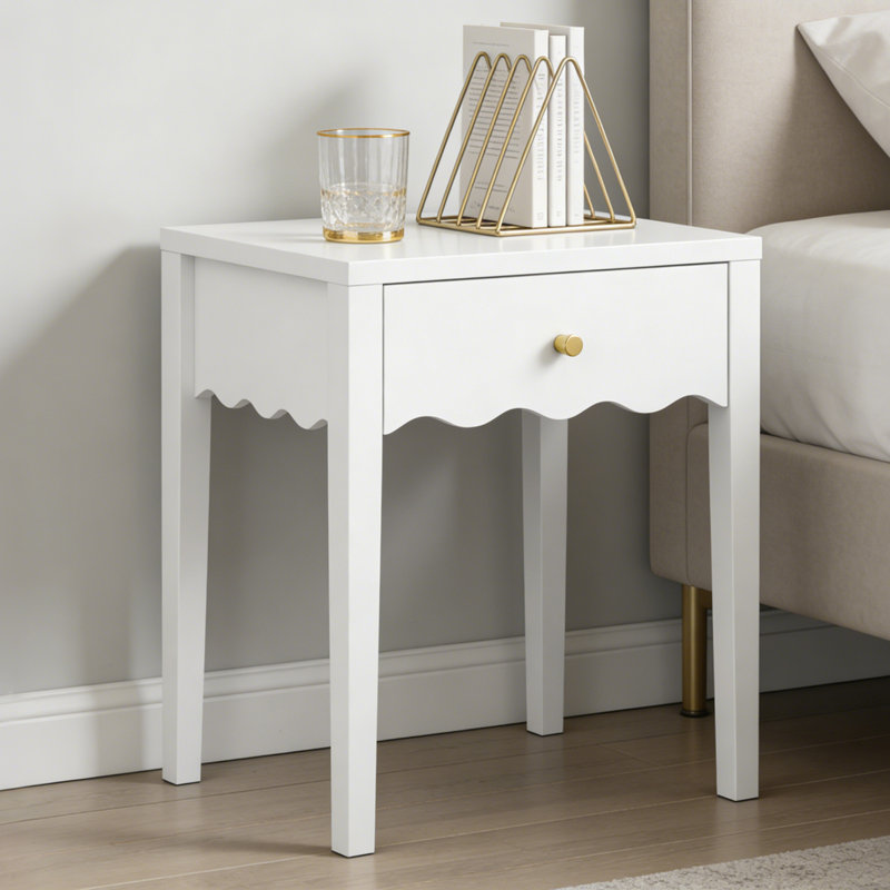 Elegant Scalloped Edge Nightstand White Bedside Table with Accent Drawer