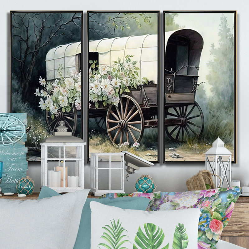 «Flower Old Cottage Caravan I», ensemble d'art mural sur toile, Cadre noir, H 32 po x l 48 po x P 1 po