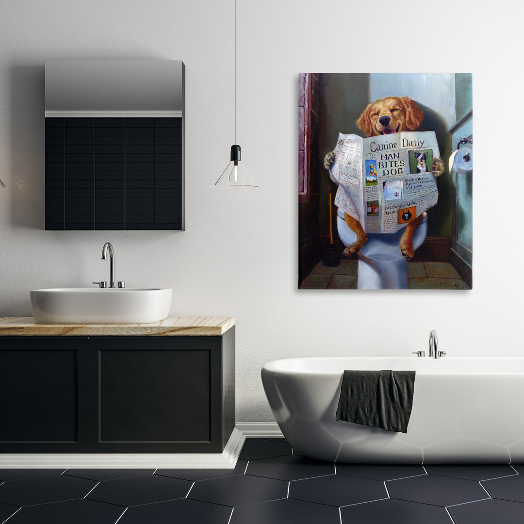 Dog Reading the Newspaper On Toilet Funny - Floater Frame Graphic Art Print on Canvas Ebern Designs 