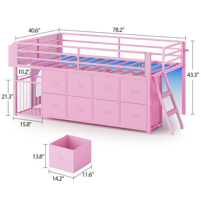 Low Loft Bed Twin Size With 8 Storage Drawers, Twin Loft Bed With Led Lights And Play Zone, Metal Kids Loft Bed With Under-bed Play Space, No Box Spring Needed