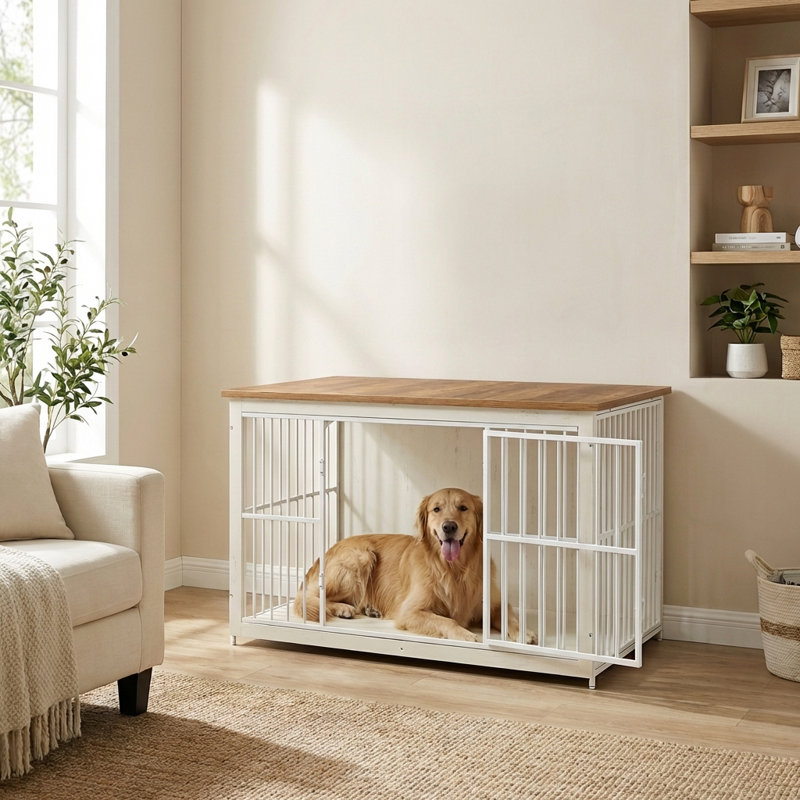 Meuble de caisse pour chien 48 po en bois, chenil moderne avec portes doubles et plateau amovible, table de bout pour cage pour animaux de taille moyenne et grande