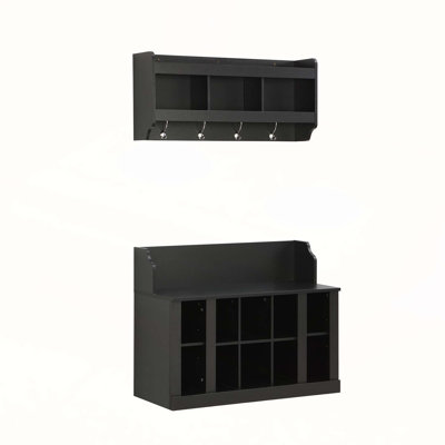 Elegant Shoe Storage Bench with Adjustable Shelves and Hooks, Wall-Mounted Hall Tree for Organized Entryways by Latitude Run