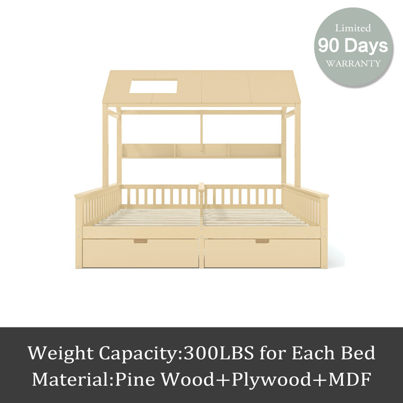 Lit plateforme simple double avec tablettes et tiroirs de rangement, Naturel