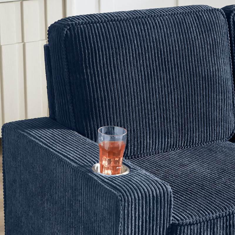 Canapé rembourré en velours côtelé de 84,27 po de largeur avec porte-gobelets intégré, Bleu
