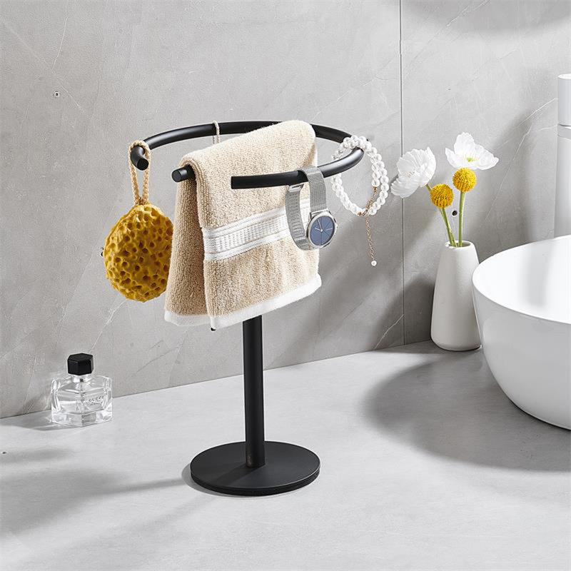 Porte-serviettes autoportant en forme de E moderne en acier inoxydable noir mat, porte-serviettes de table avec base ronde pour comptoir de salle de bain ou cuisine