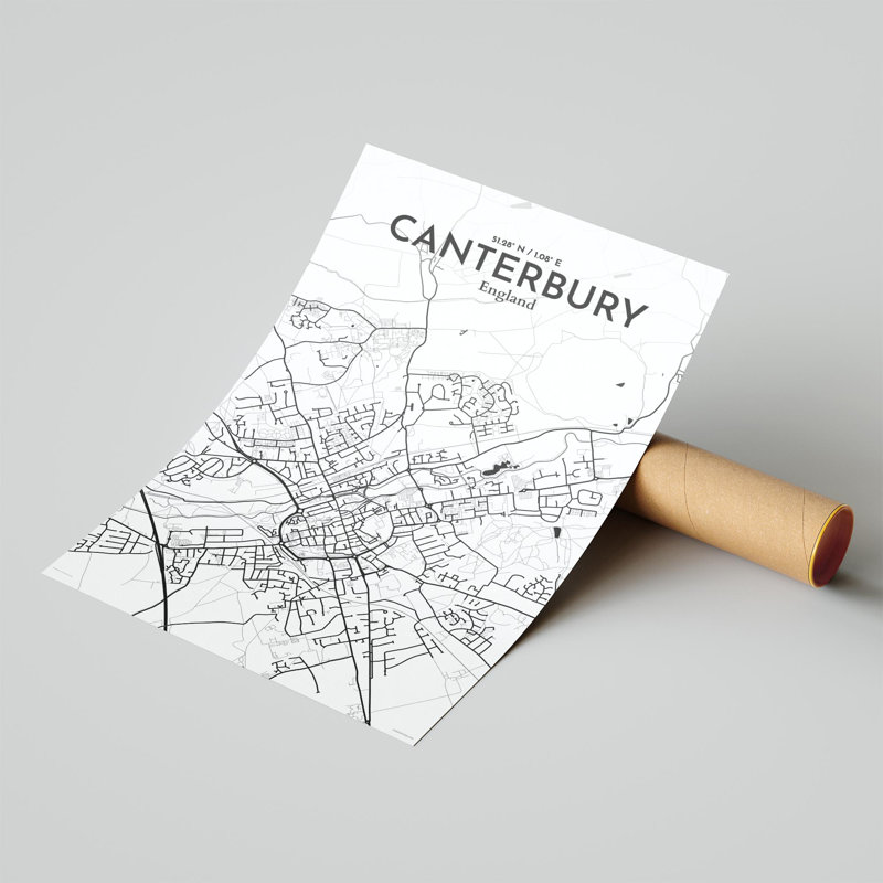 Canterbury City Map, impression, Noir et blanc, H 17 po x l 11 po x P 0,05 po
