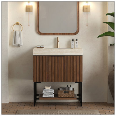 Meuble-lavabo de salle de bain YOLAN de 30 po, armoire de rangement autoportante en contreplaqué rayé avec tiroir et tablette ouverte, plateau en pierre frittée en travertin Roma et vasque en céramique sous-comptoir, pré-assemblé, grain de bois noye