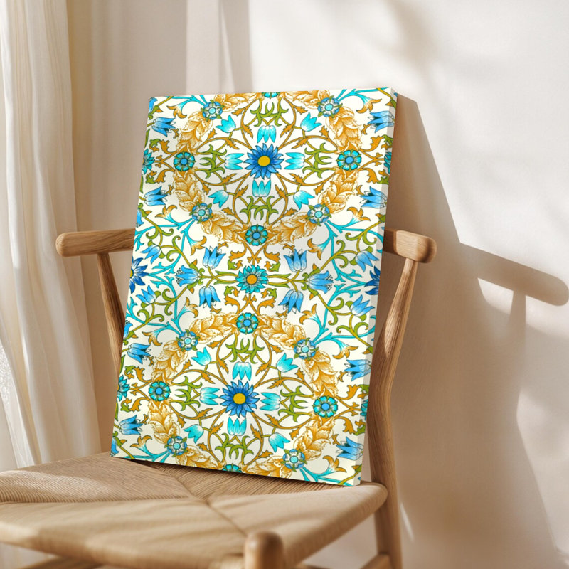 Toile encadrée à motif floral victorien orné - reproduction de tapisserie botanique classique bleue et dorée - décoration murale traditionnelle 24 x 36