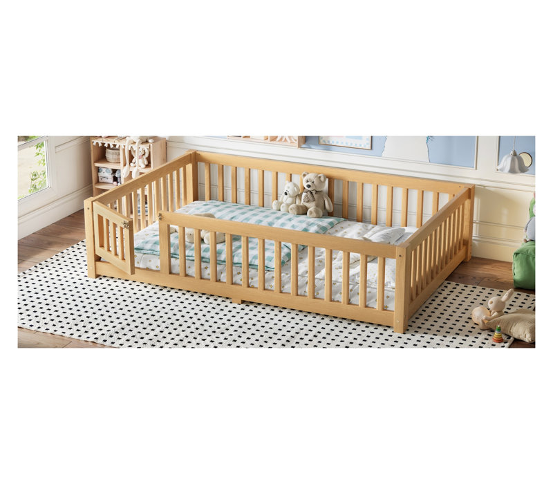 Structure de lit pleine grandeur naturelle avec garde-corps de sécurité et porte en pin et contreplaqué pour enfants