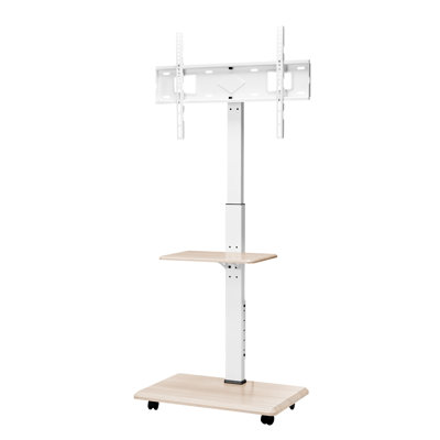 Chariot mobile à meuble télé pour écrans de 32 à 70 pouces, hauteur réglable avec plateau rotatif à 25 ° et support multimédia, support de plancher en métal blanc d'une capacité de 88 lb