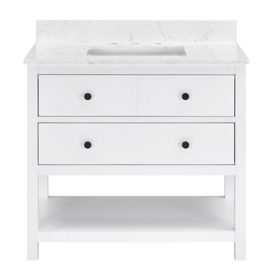 Meuble-lavabo simple Encino 36 po avec comptoir, lavabo et dosseret en quartz blanc de Carrare, préassemblé, 36,5 po L x 21,5 po P x 34,5 po H