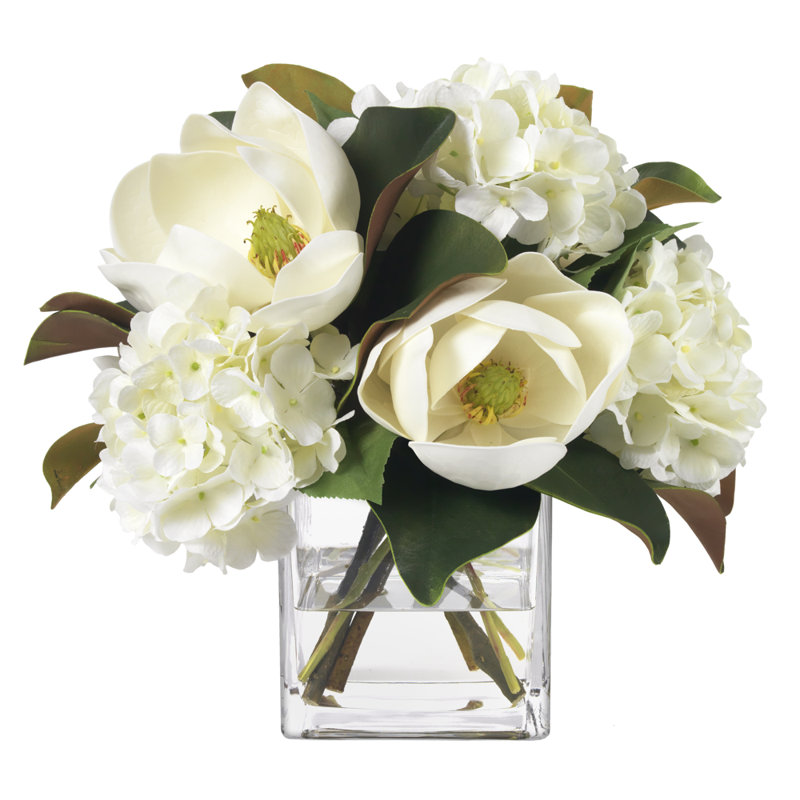 Magnolia And Hydrangea In Square Vase
