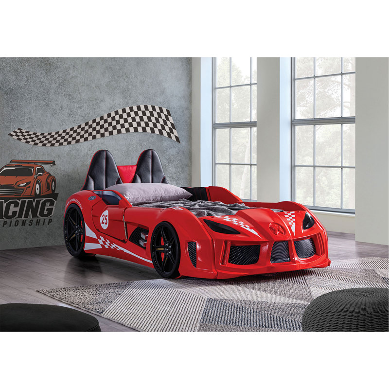 Finition rouge lit simple voiture de course de conception de style moderne de fantaisie attaché à deux portes magnétiques avec lumières DEL sur roues, revêtement inférieur et côtés