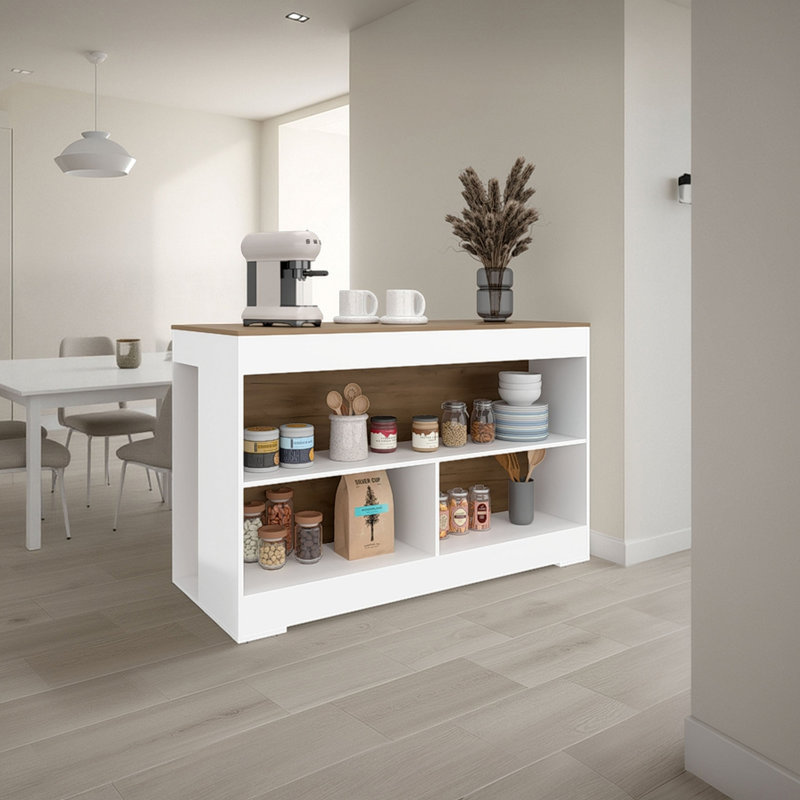 Îlot de cuisine avec rangement, Blanc/naturel