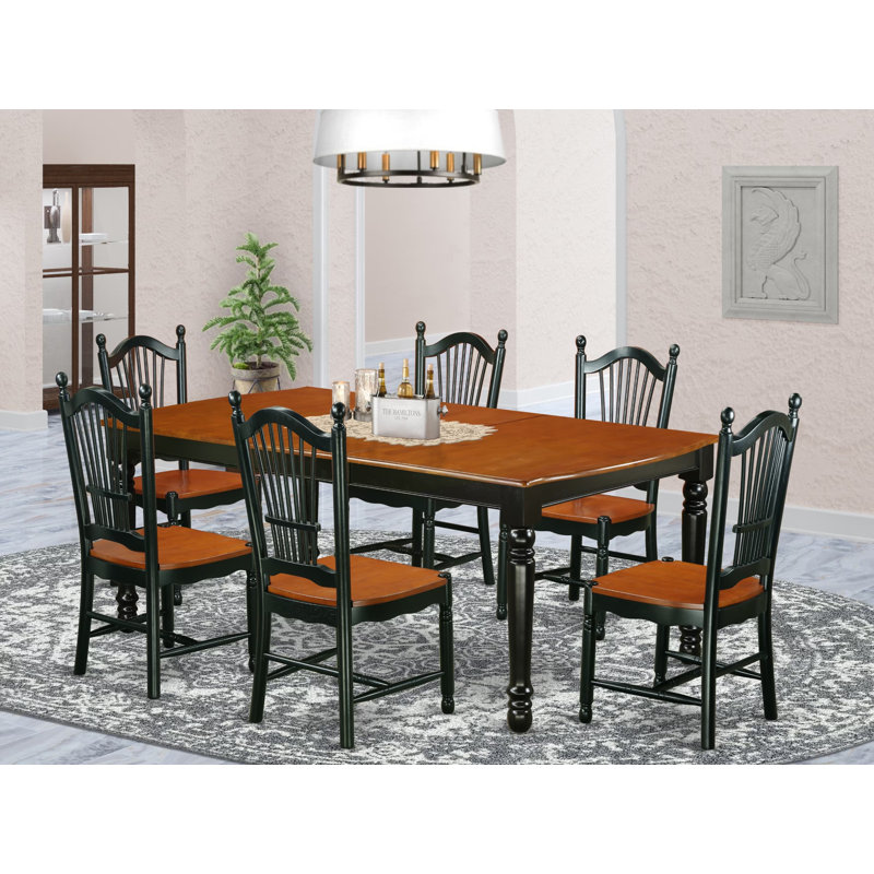 7 Piece Modern Dining Table Set Consist of a Rectangle Wooden Table with Butterfly Leaf and 6 Dining Room Chairs, 42x78 Inch, Black & Cherry
