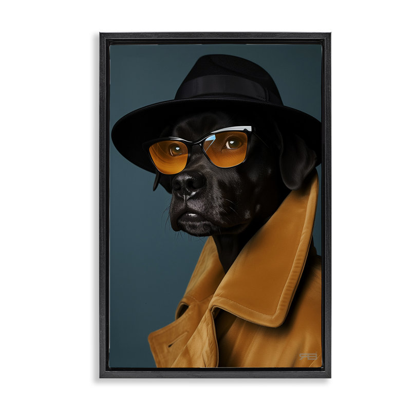 «Black Dog in suit», toile flottante encadrée grise par Roozbeh Bahramali, H 25 po x l 17 po, Cadre flottant noir de jais