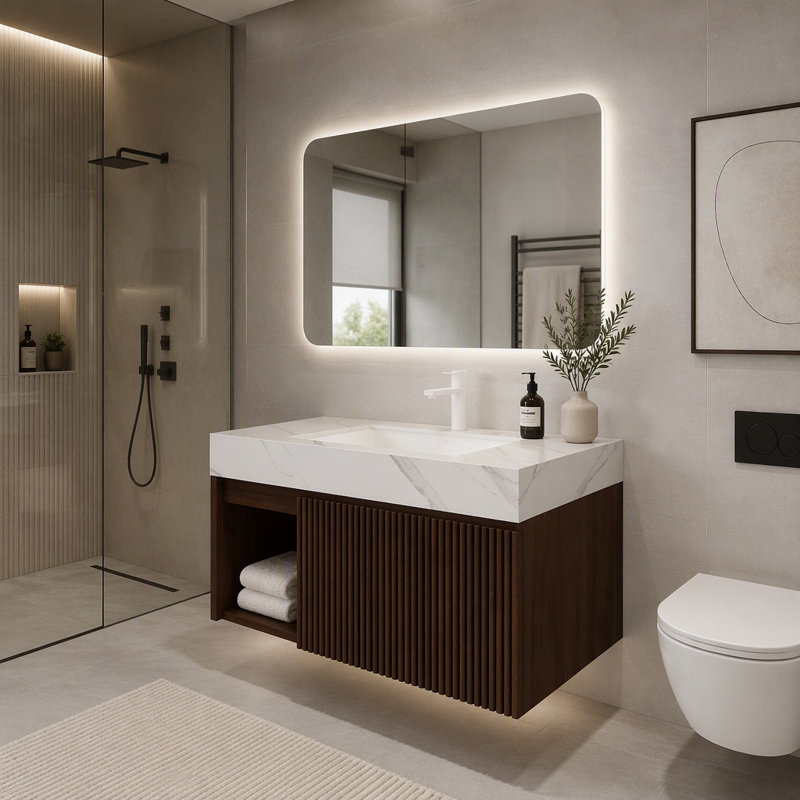 Meuble-lavabo mural de 76 cm avec lavabo intégré, armoire cannelée et éclairage à détecteur de mouvement, 30" W, White