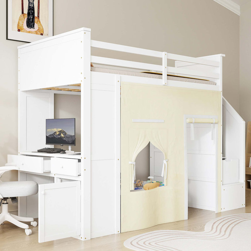 Lit mezzanine simple avec bureau intégré et escalier de rangement