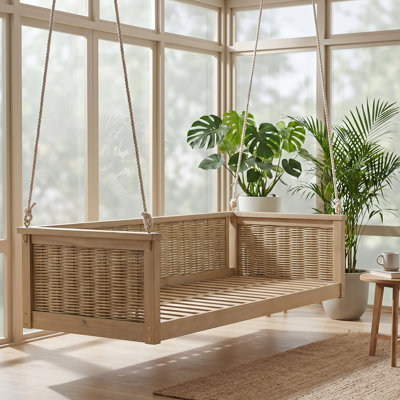 Lit balançoire double en bois massif d'extérieur classique, structure de balançoire en rotin de jardin avec longues cordes pour la piscine, la cour arrière