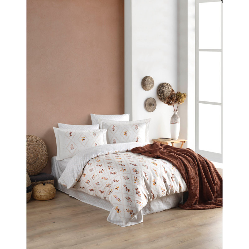Ensemble de housse de couette Ranforce, 4, Brun / blanc, Courtepointe de grande taille et 1 taie d'oreiller