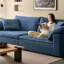 Canapé modulaire bleu en coton et lin-551933367