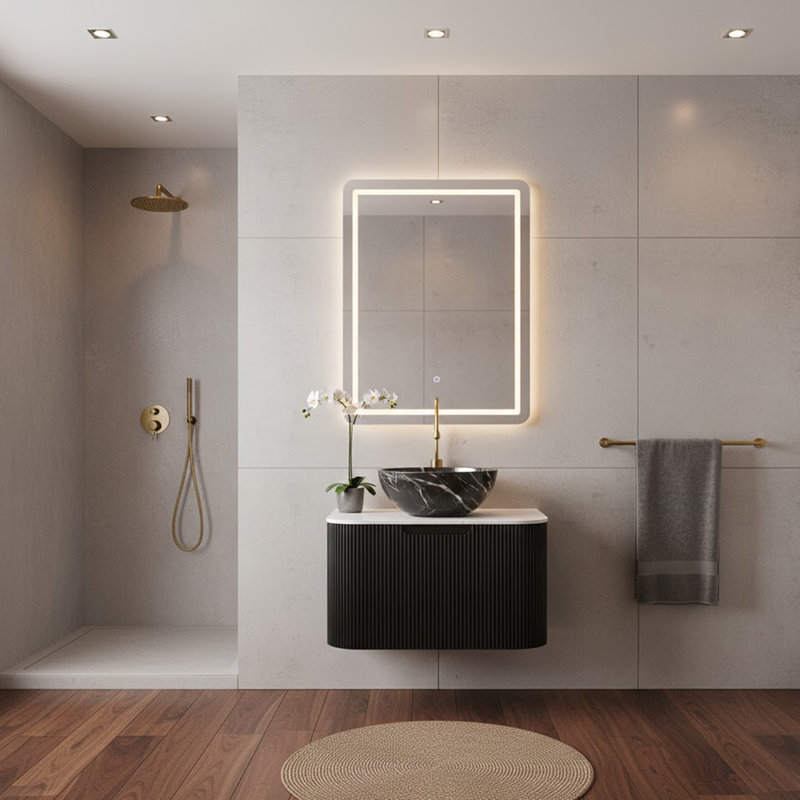Meuble-lavabo de salle de bain avec lavabo, avec bassin en céramique noire à motif de pierre, 24"