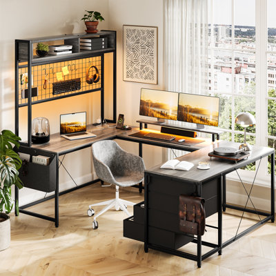 Bureau d'ordinateur en U de 78,7 po avec lumières DEL, support pour écran ergonomique, prises de courant, tablettes de rangement, 4 tiroirs
