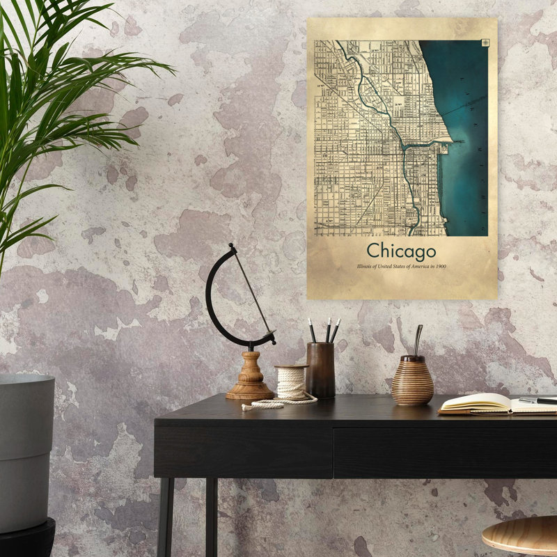 Carte rétro de Chicago, art mural rétro, H 24 po x l 16 po