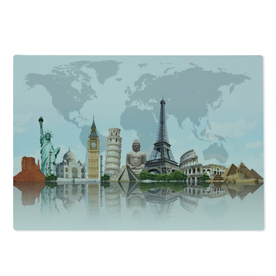 Ambesonne World Map Cutting Board Large Size Landmark Buildings Photo Multicolor