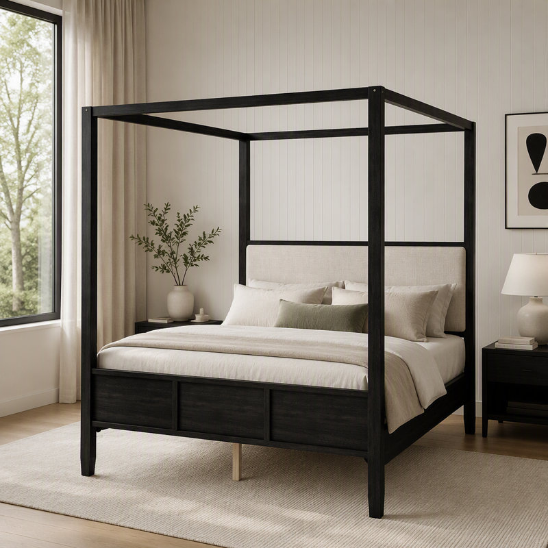 Lit plateforme à baldaquin en bois avec tête de lit, Queen, Noir