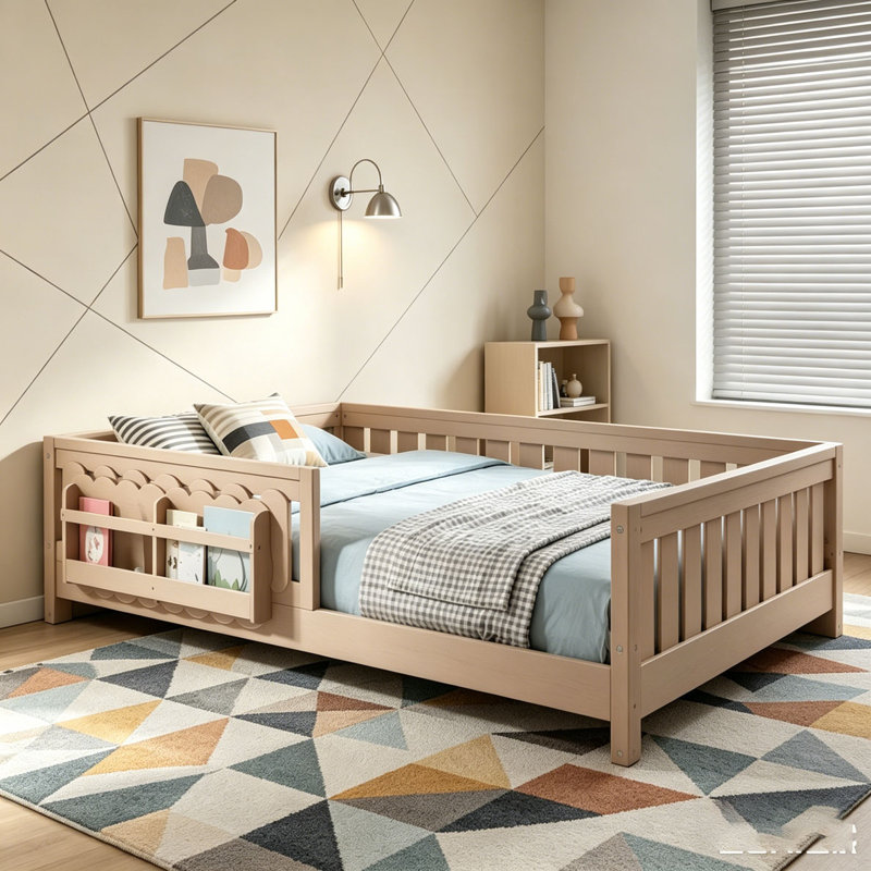 Lit plateforme avec garde-corps et tablettes de rangement, Naturel