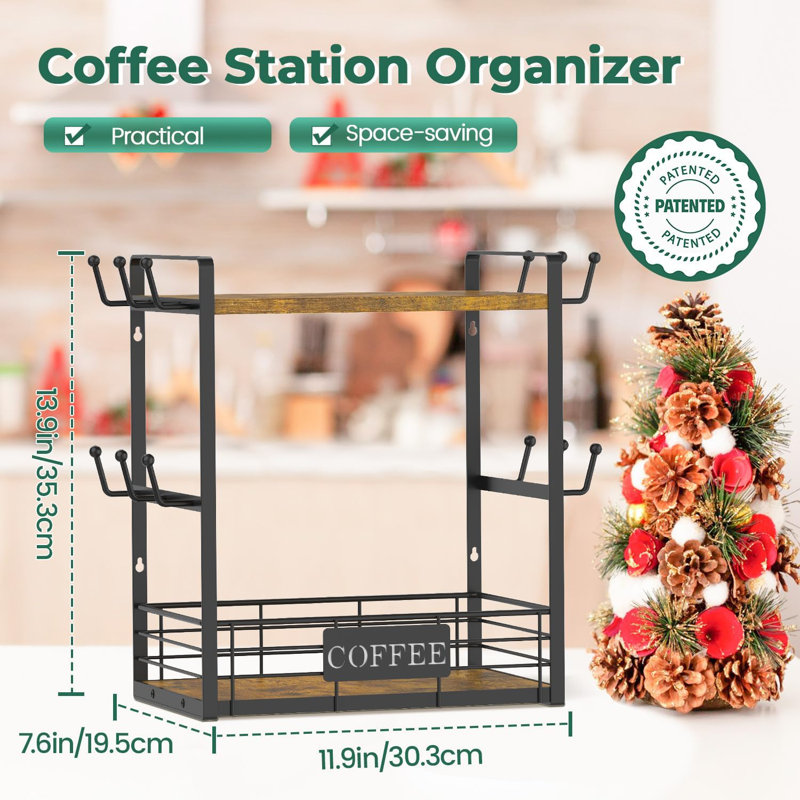 2 Tier Coffee Bar Organizer Countertop Station Shelf For Home Office, Multi-Functional Coffee Mug Cup Holder Stand, Accessory Storage Rack With 12 Hooks, Space-Saving Coffee Nook Enhancer