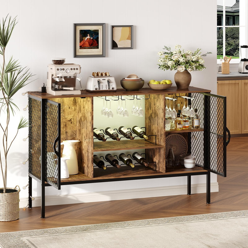 Industrial 47" Coffee Bar Cabinet with LED Lighting, Power Outlets, 2-Door Wood Wine Cabinet