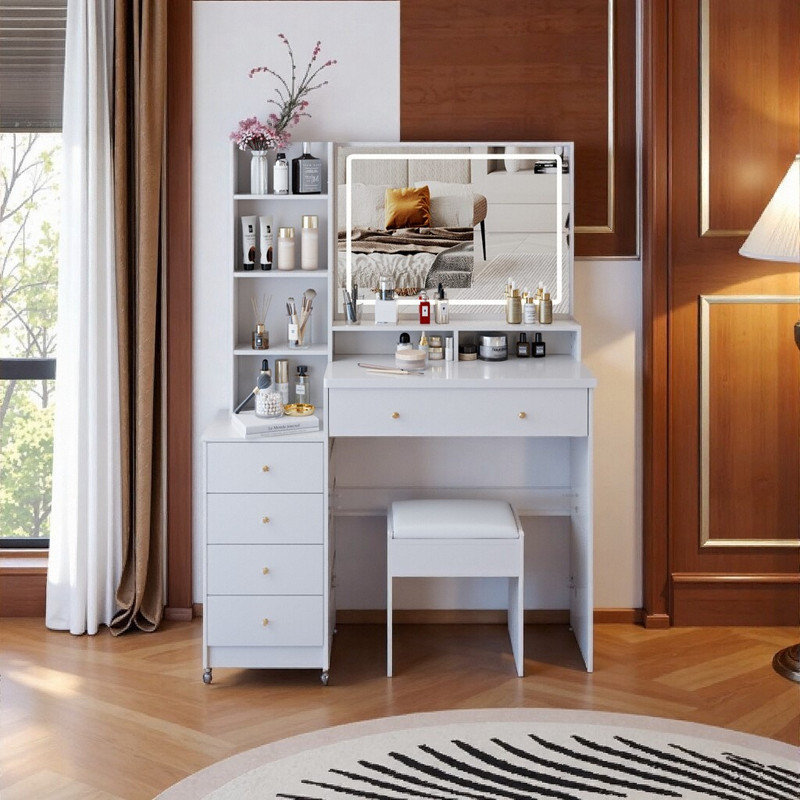 41 Inch Large Vanity Desk with LED Mirror, Multi Storage Dressing Table and Stool Set, White 1