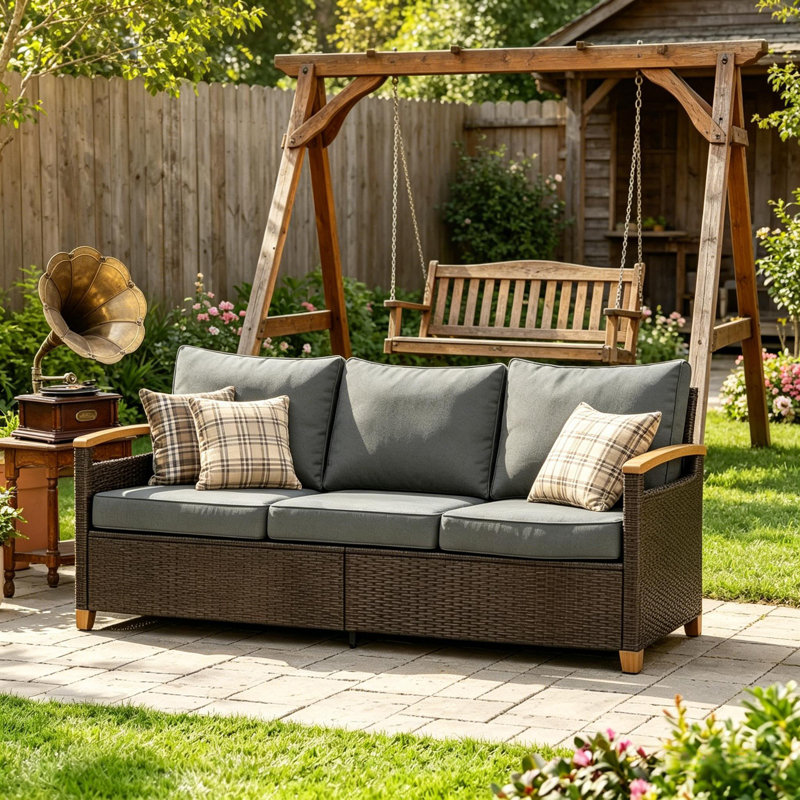 Canapé de patio en osier avec coussin, Gris