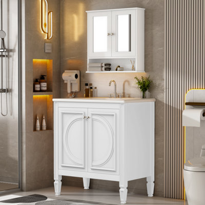 30" Bathroom Vanity With Matching Mirror Medicine Cabinet Combo Set, Modern Bathroom Storage Cabinet With Ceramic Sink, Wall-Mounted Medicine Cabinet For Bathroom, White