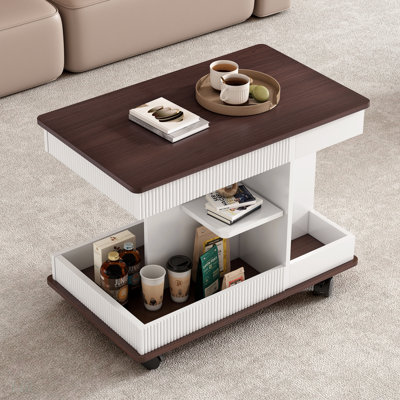 Adjustable End Table With Wheels, 360°rotating Top, Storage Space, Wood Grain Texture And Vertical Striped Design