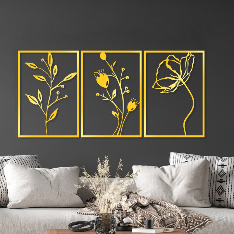 Élégant accessoire mural décoratif en métal (3 pièces), finition dorée, 19,3 po x 27,6 po | Corps en métal durable, épaisseur: 0,06 pouce | Parfait pour la décoration intérieure et le salon, design élégant et accrocheur