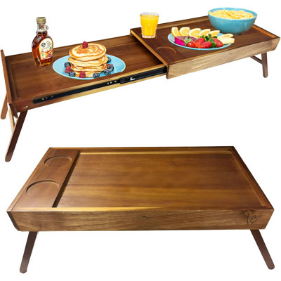 Plateau de table de petit déjeuner pour deux personnes - plateau de lit pour deux personnes à usage unique avec évidements à tasses - plateaux de nourriture pour manger sur le canapé, table de petit-déjeuner peu encombrante - prêt pour le cadeau - 