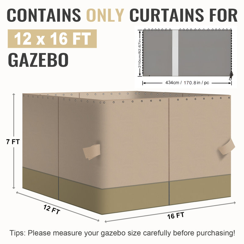 4-Panel Outdoor Gazebo Curtains, Sand Yellow/Khaki, 82.7" H x 144" W192" D