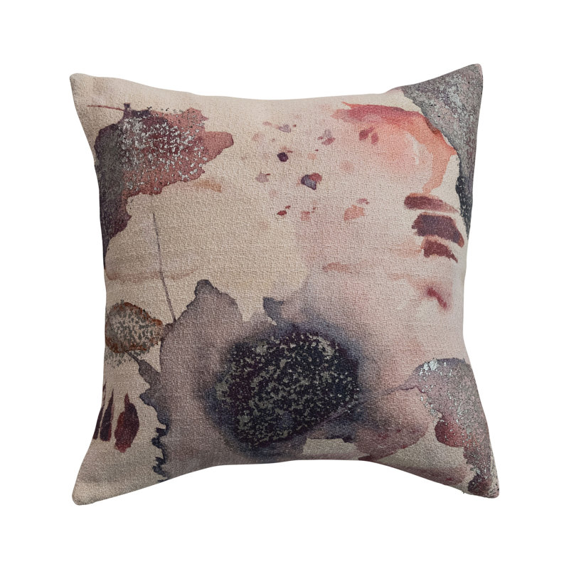 Oreiller carré en coton tissé imprimé avec motif abstrait et feuille d'argent, Carré 20 po, Beige / gris abstrait