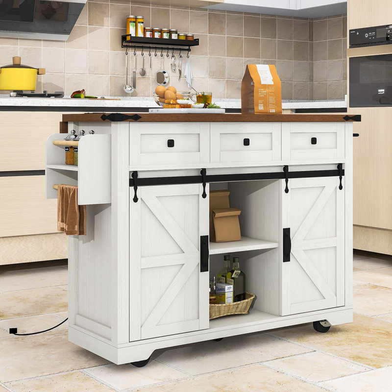 Elegant Farmhouse Kitchen Island with Built-in Power Supply and Drop Leaf Tabletop, White