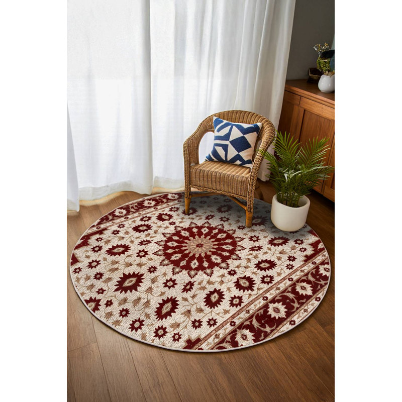 Isabel Collection Digital Print Cotton-Polyester Beige Red Oriental Rug, Round 3'4"