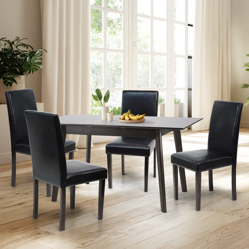 5 Piece Dining Table Set, Extendable Rectangular Dining Table w 4 Classic Style Solid Wood Upholstered Chairs, Black