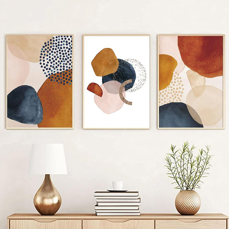 Modern Abstract Geometric Shapes Set of 2 Canvas Painting Wall Art Prints  Golden Blue for Home & Wall Décor