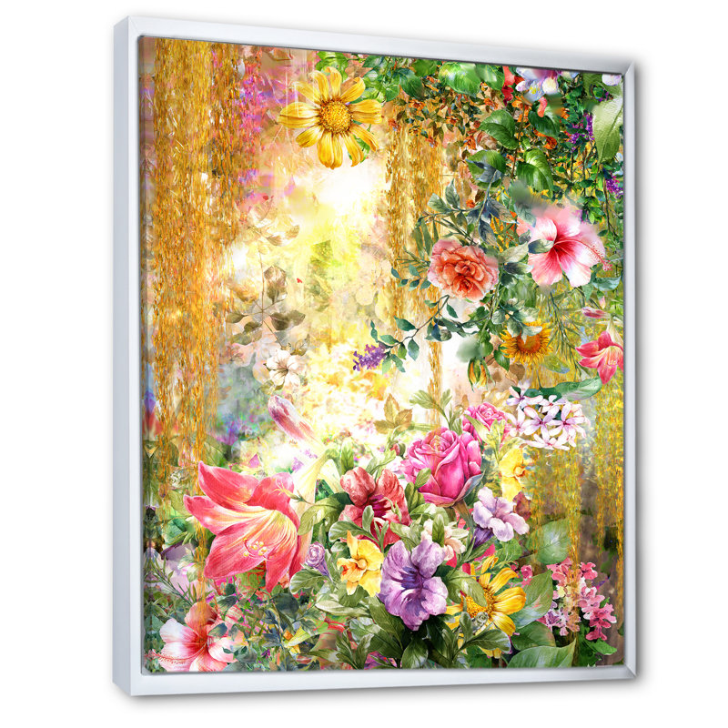 «Vintage Spring Garden Flowers V», œuvre d'art traditionnelle sur toile, H 20 po x l 12 po x P 1 po, Cadre flottant blanc