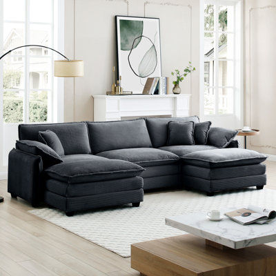 Coussin 3 en forme de U modulaire en velours côtelé gris avec mousse à mémoire de forme épaisse amovible et double couche
