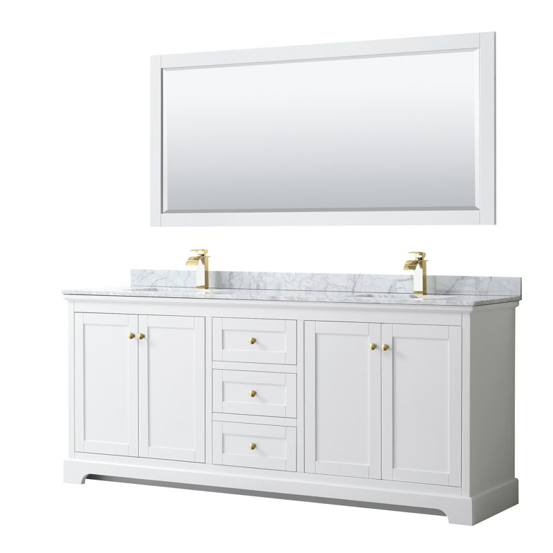 Ensemble de meuble-lavabo double 80 "avec miroir Avery, Blanc, Or brossé